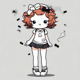 A Hello Kitty character with short, curly, dark copper hair