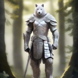 A majestic white leonin warrior clad in gleaming silver armor, standing proudly with a noticeable scar across his face