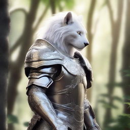 A majestic white leonin warrior clad in gleaming silver armor, standing proudly with a noticeable scar across his face