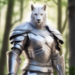 A majestic white leonin warrior clad in gleaming silver armor, standing proudly with a noticeable scar across his face