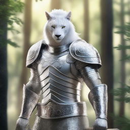 A majestic white leonin warrior clad in gleaming silver armor, standing proudly with a noticeable scar across his face