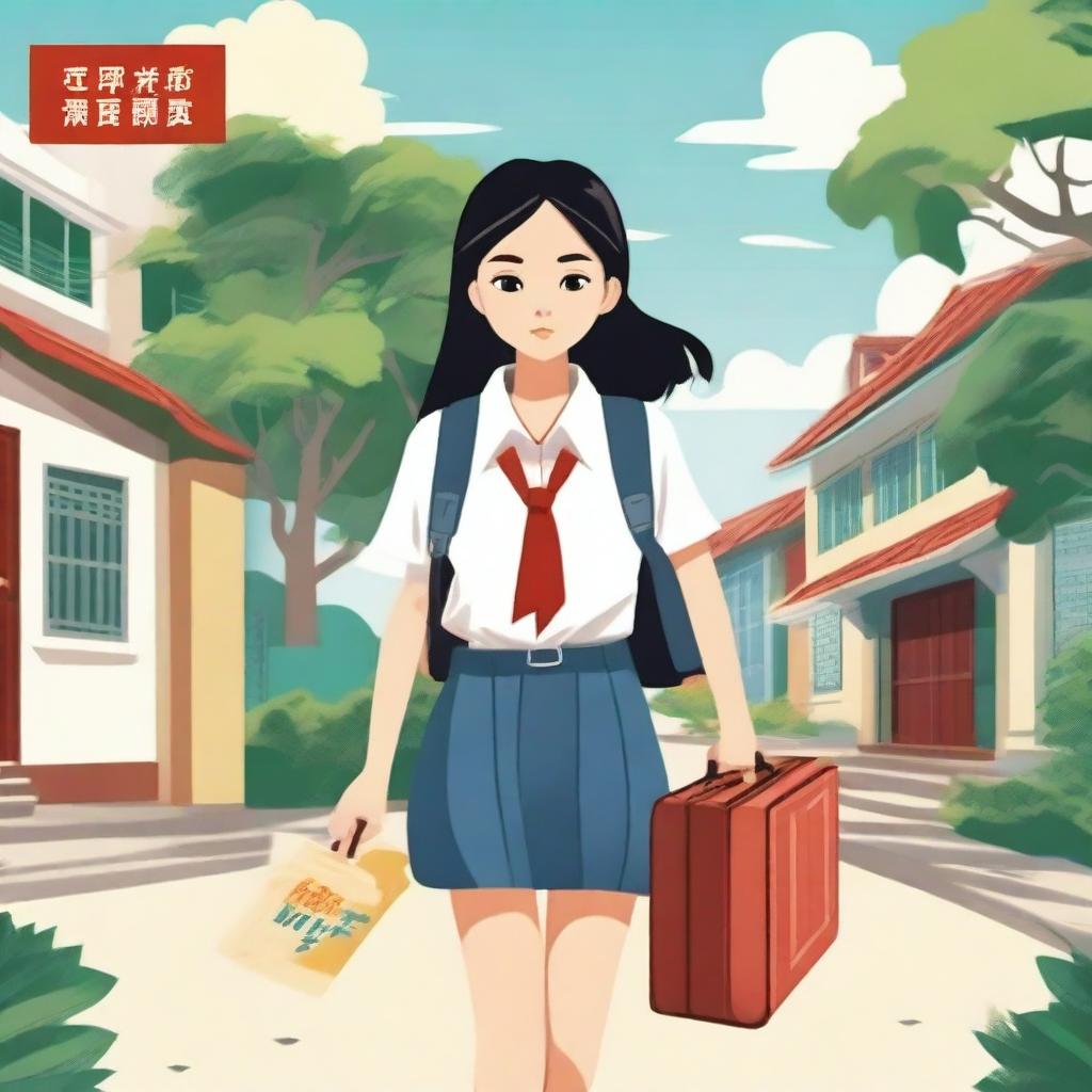 Design a movie poster featuring an image of a Vietnamese high school girl carrying a suitcase leaving home