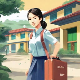 Design a movie poster featuring an image of a Vietnamese high school girl carrying a suitcase leaving home