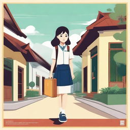 Design a movie poster featuring an image of a Vietnamese high school girl carrying a suitcase leaving home