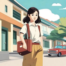 Design a movie poster featuring an image of a Vietnamese high school girl carrying a suitcase leaving home