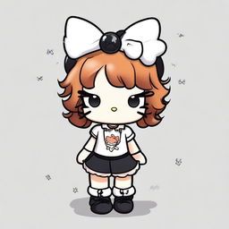 A Hello Kitty character with short, curly, dark copper hair