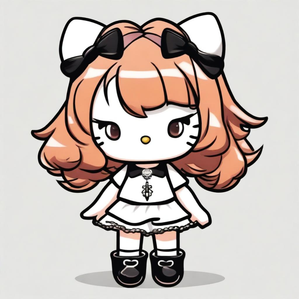 A Hello Kitty character with short, curly, dark copper hair