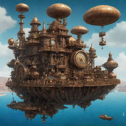 A futuristic illustration of Cape Verde under a steampunk aesthetic, featuring island landscapes hallmarked with cogs-and-wheels devices, seaside towns vivified with bronze and iron structures, and airships gracing the Atlantic sky.