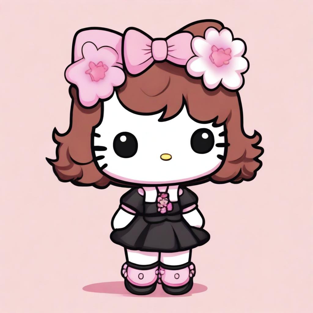 A Hello Kitty character with short, curly, dark copper hair