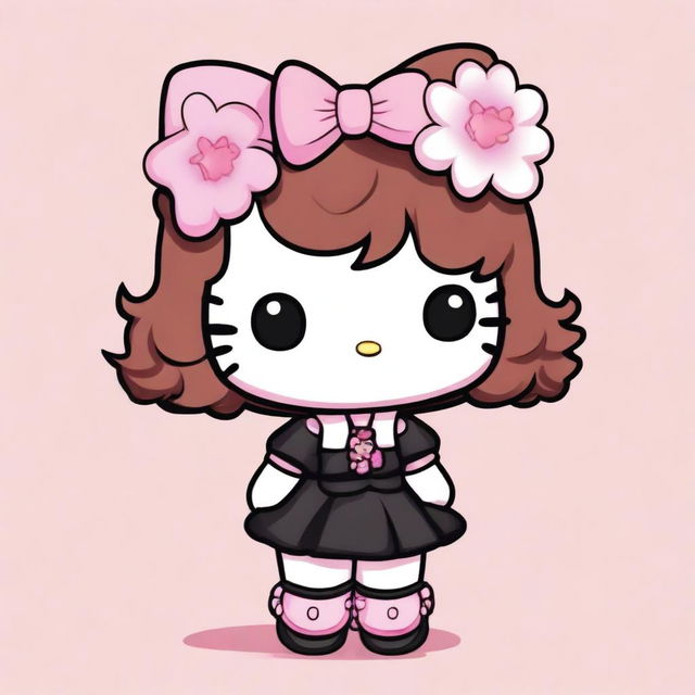 A Hello Kitty character with short, curly, dark copper hair