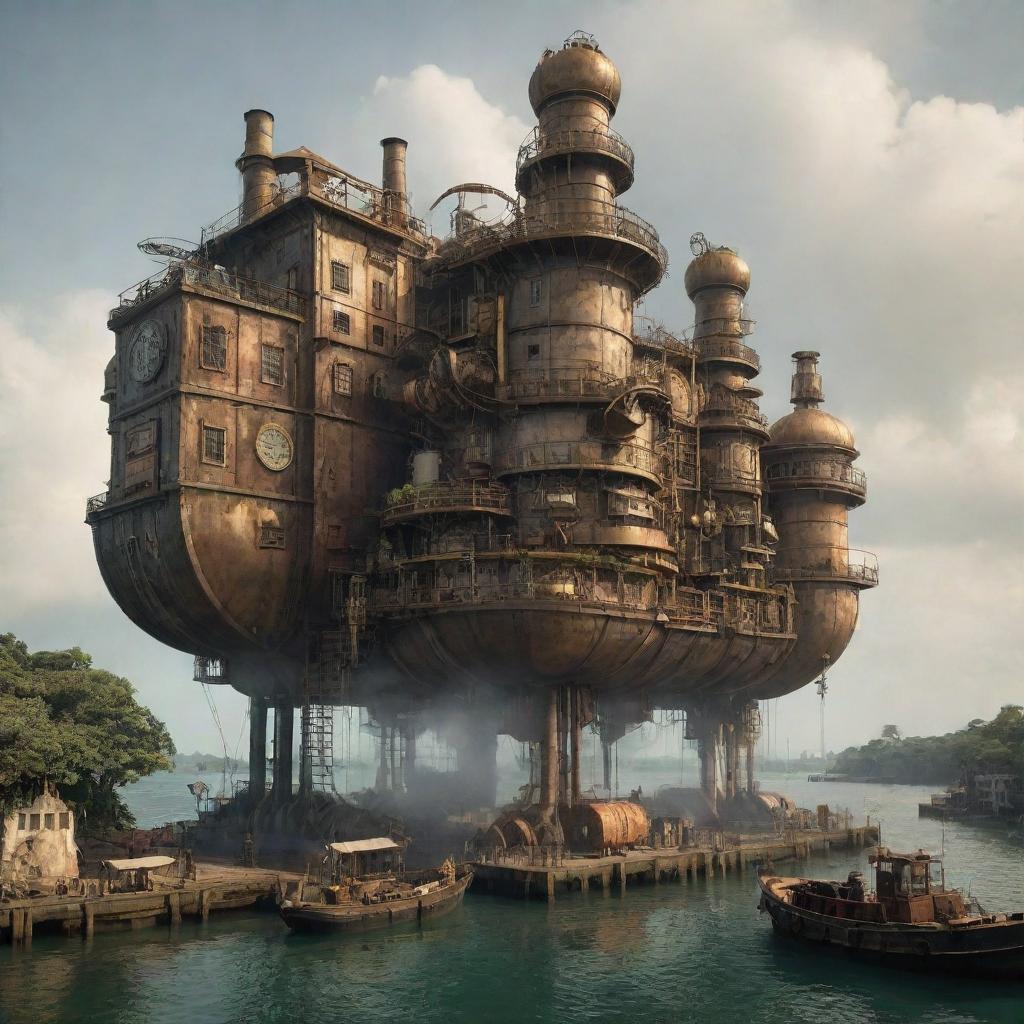 Visualize the Ivory Coast enhanced with steampunk elements, with Abidjan reflecting retro-futuristic architecture, the lush rainforests teeming with mechanical wildlife, and the coastal regions enlisted with steam-powered marine contraptions.