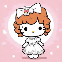 A Hello Kitty character wearing a white dress with short, curly, dark copper hair