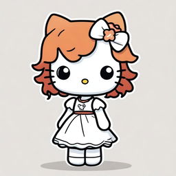 A Hello Kitty character wearing a white dress with short, curly, dark copper hair