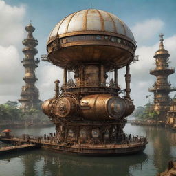 Visualize the Ivory Coast enhanced with steampunk elements, with Abidjan reflecting retro-futuristic architecture, the lush rainforests teeming with mechanical wildlife, and the coastal regions enlisted with steam-powered marine contraptions.