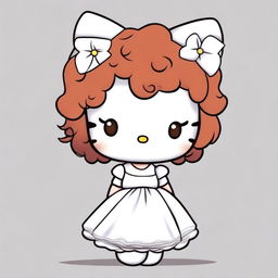 A Hello Kitty character wearing a white dress with short, curly, dark copper hair