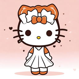 A Hello Kitty character wearing a white dress with short, curly, dark copper hair