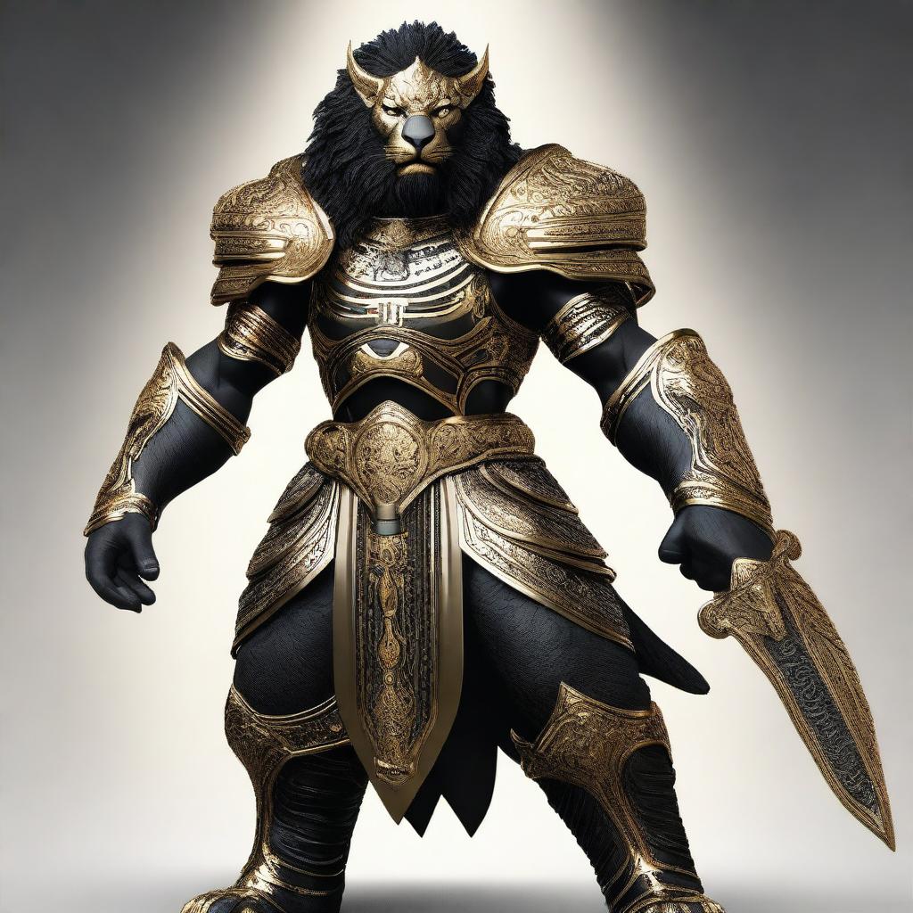 A majestic black leonin warrior, standing tall and proud, adorned in intricate golden armor that gleams in the light