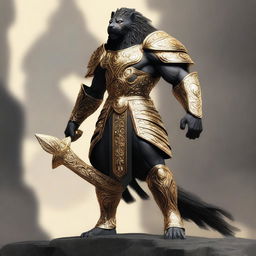 A majestic black leonin warrior, standing tall and proud, adorned in intricate golden armor that gleams in the light