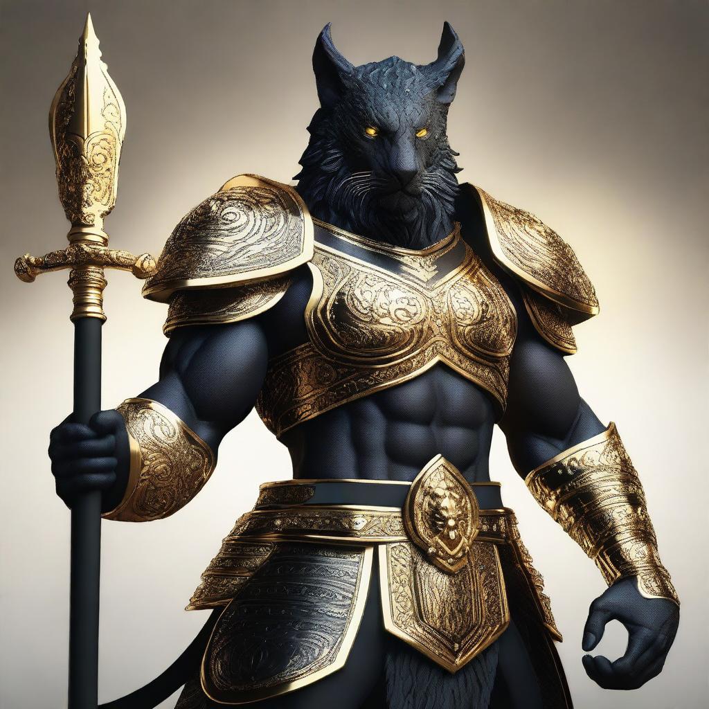 A majestic black leonin warrior, standing tall and proud, adorned in intricate golden armor that gleams in the light