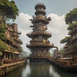 Visualize the Ivory Coast enhanced with steampunk elements, with Abidjan reflecting retro-futuristic architecture, the lush rainforests teeming with mechanical wildlife, and the coastal regions enlisted with steam-powered marine contraptions.