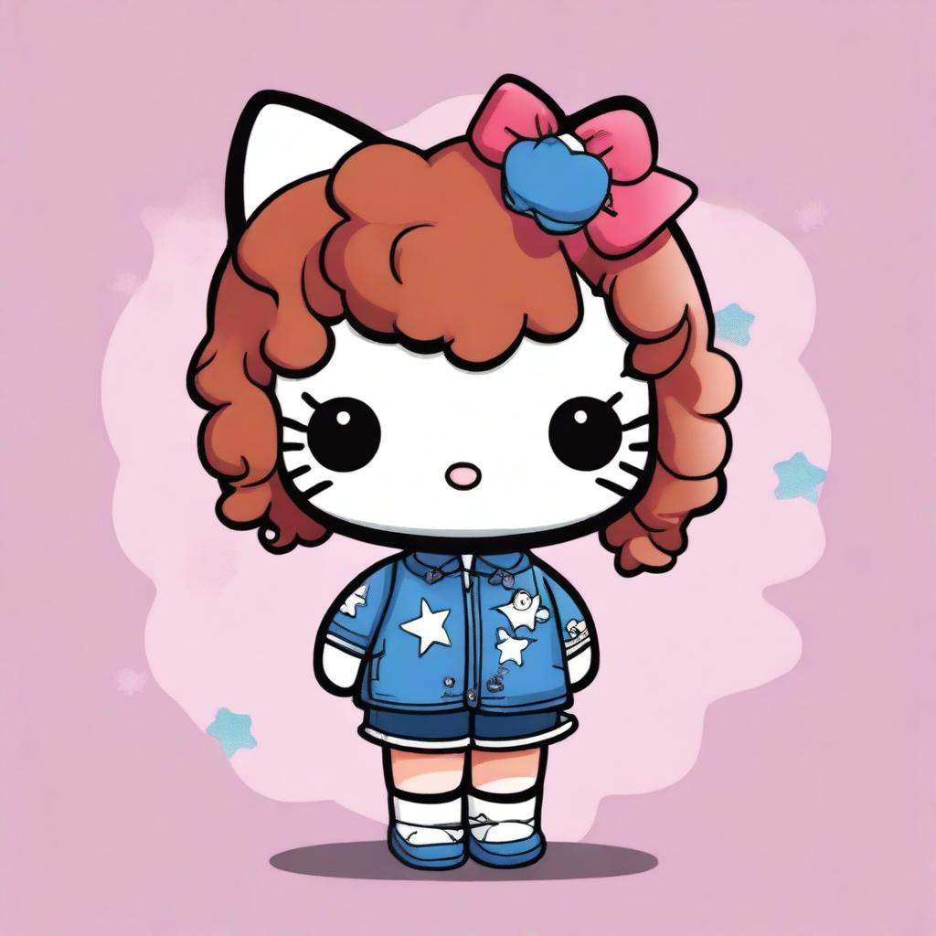 A Hello Kitty character with short, curly, dark copper hair, dressed as Stargirl and a fan of The Weeknd