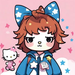 A Hello Kitty character with short, curly, dark copper hair, dressed as Stargirl and a fan of The Weeknd