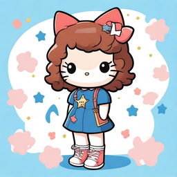 A Hello Kitty character with short, curly, dark copper hair, dressed as Stargirl and a fan of The Weeknd