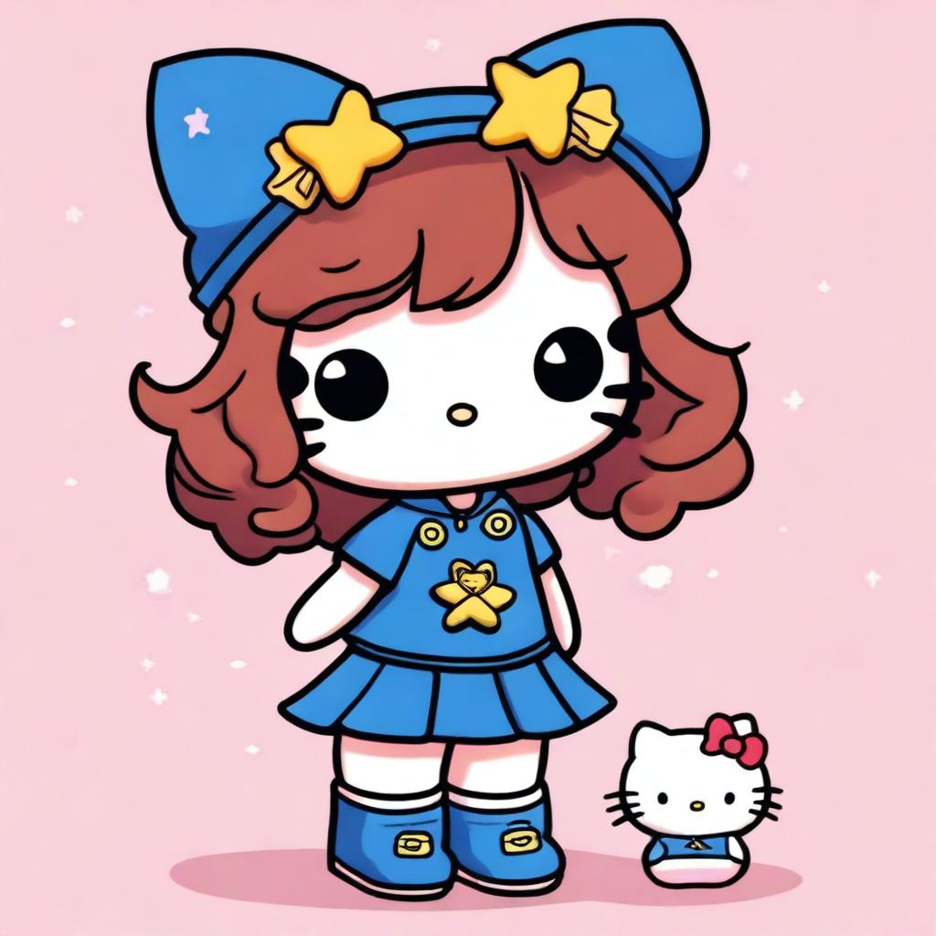 A Hello Kitty character with short, curly, dark copper hair, dressed as Stargirl and a fan of The Weeknd