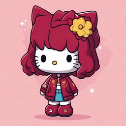 A Hello Kitty character with short, curly, dark copper hair, dressed as Stargirl and a fan of The Weeknd