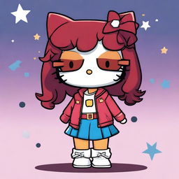 A Hello Kitty character with short, curly, dark copper hair, dressed as Stargirl and a fan of The Weeknd