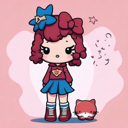 A Hello Kitty character with short, curly, dark copper hair, dressed as Stargirl and a fan of The Weeknd