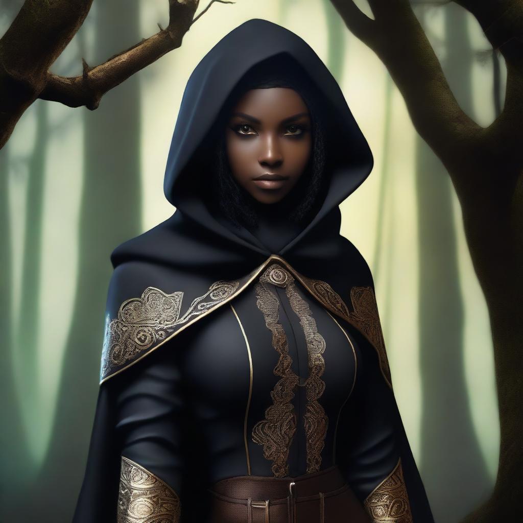 A black female elf with gold eyes, dressed as a rogue