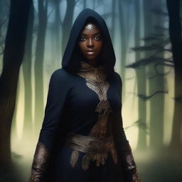 A black female elf with gold eyes, dressed as a rogue