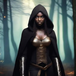 A black female elf with gold eyes, dressed as a rogue