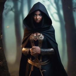 A black female elf with gold eyes, dressed as a rogue