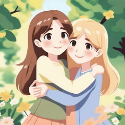 An animated picture of two girls hugging each other