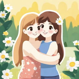 An animated picture of two girls hugging each other