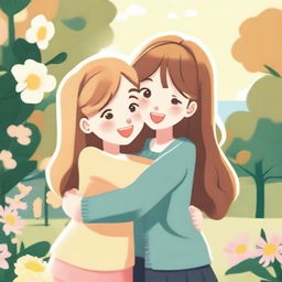 An animated picture of two girls hugging each other