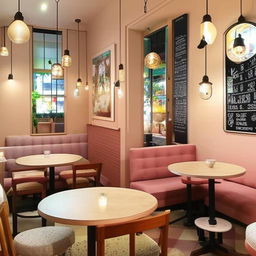 An adorable, cozy café with pastel colored furniture, dotted with small round tables, cushioned chairs, hanging lanterns, and with the smell of fresh espresso wafting in the air.