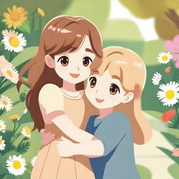 An animated picture of two girls hugging each other