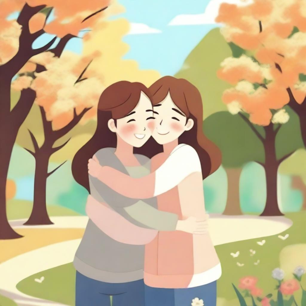 An animated picture of two female friends hugging each other