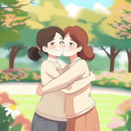 An animated picture of two female friends hugging each other