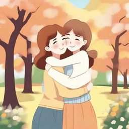 An animated picture of two female friends hugging each other