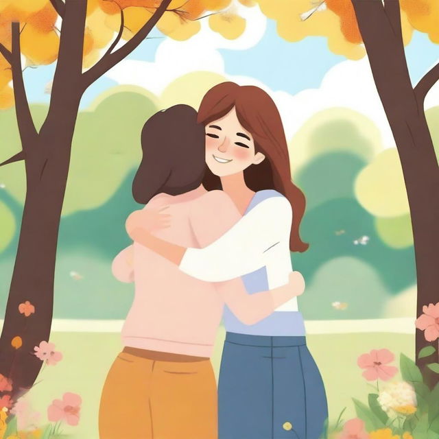 An animated picture of two female friends hugging each other