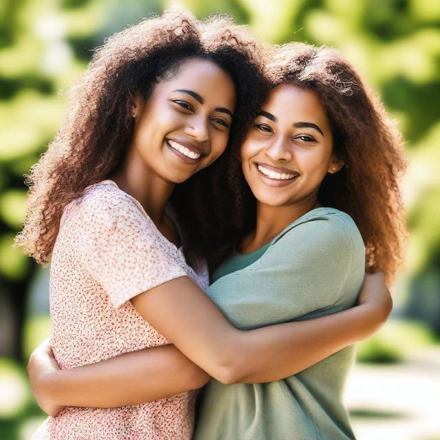 Two female friends hugging each other warmly, with smiles on their faces