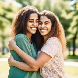 Two female friends hugging each other warmly, with smiles on their faces