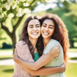 Two female friends hugging each other warmly, with smiles on their faces