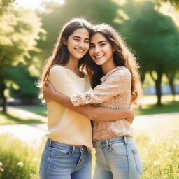 Two female friends hugging each other warmly, with smiles on their faces