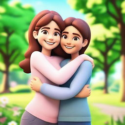 A 3D animated picture of two female friends hugging each other warmly