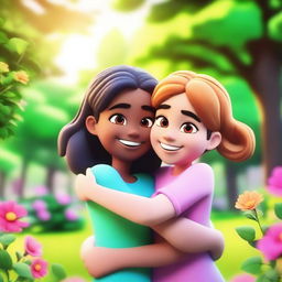 A 3D animated picture of two female friends hugging each other warmly